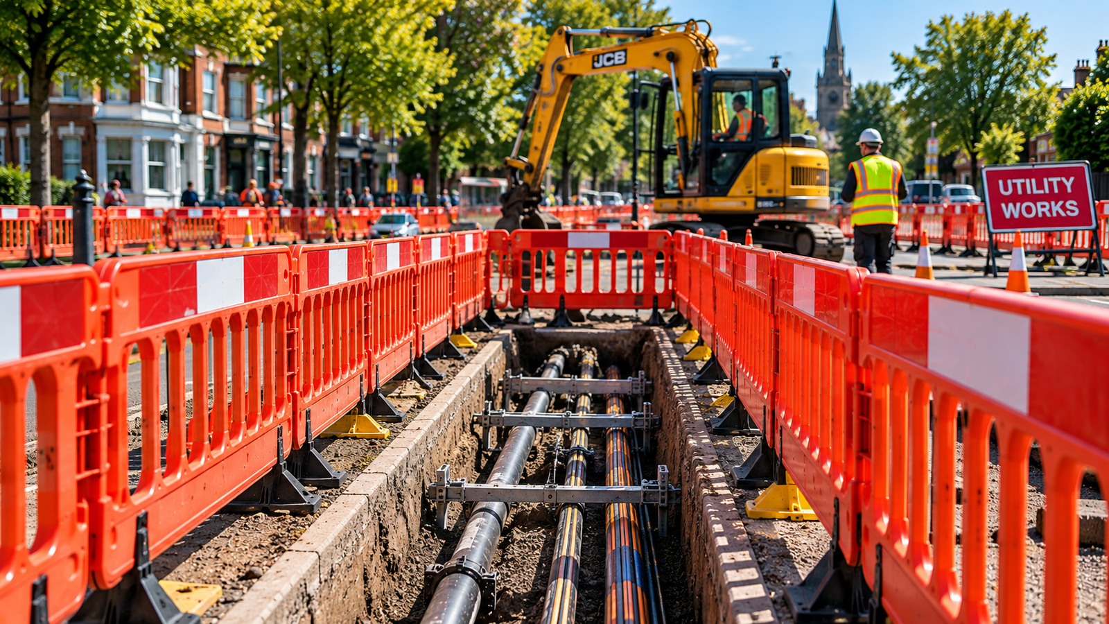 Utility works with pedestrian barriers