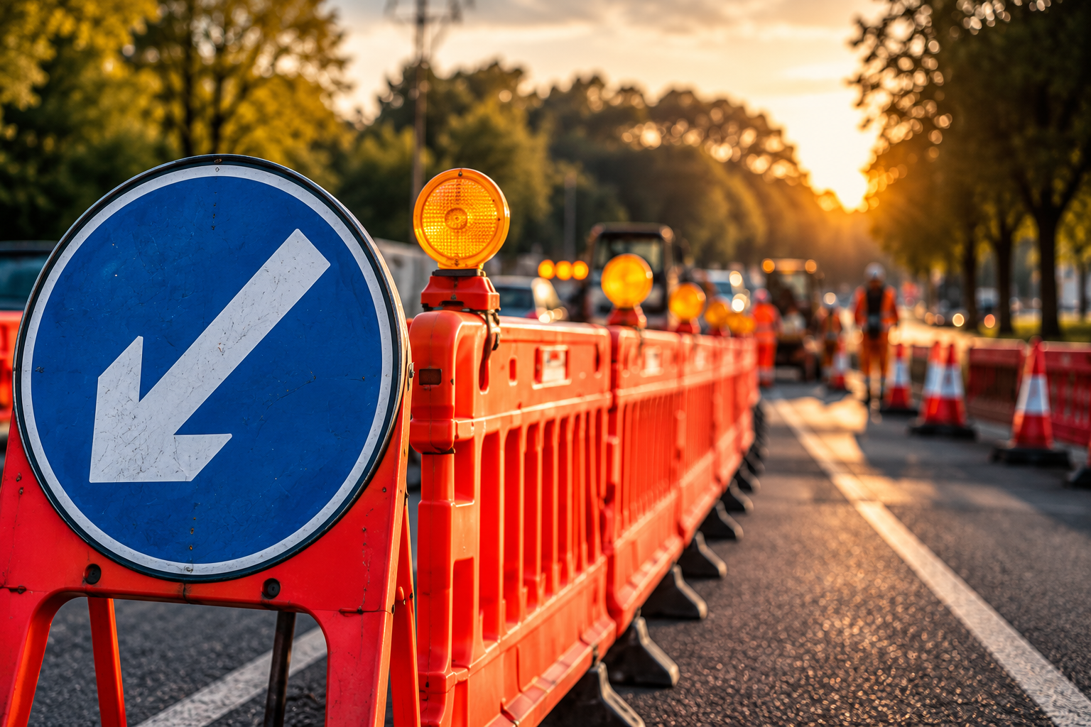 Traffic barriers and directional sign at roadworks