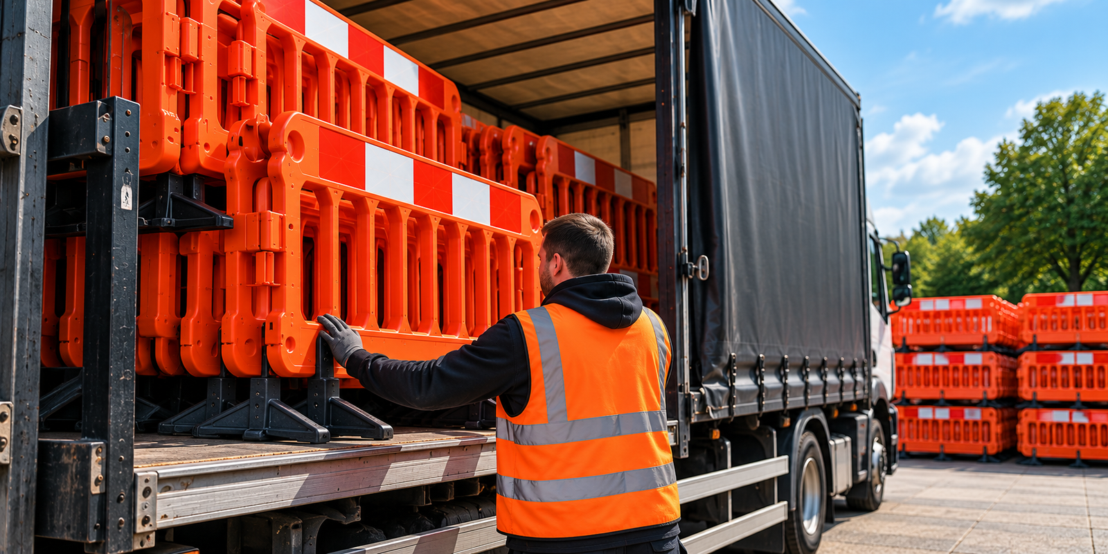 Pedestrian barriers being loaded for delivery