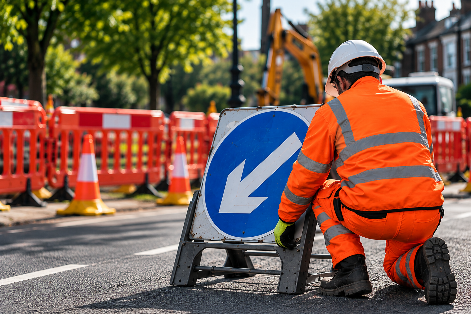Roadworks operative positioning a keep-left traffic sign