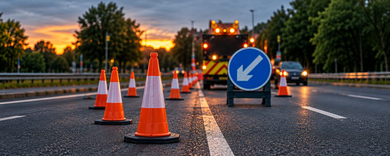 Traffic management cones and keep-left signage on a roadworks site