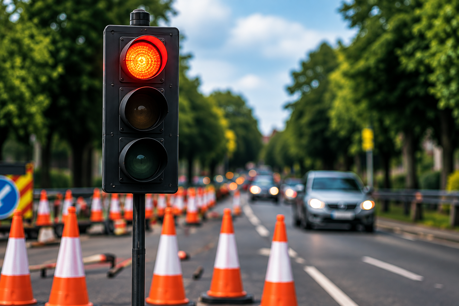 Temporary traffic lights controlling roadworks traffic