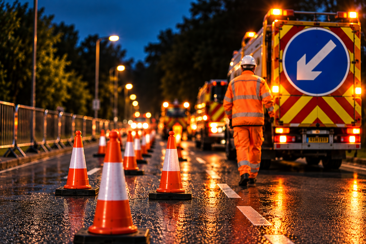 Night roadworks with traffic management vehicles and cones