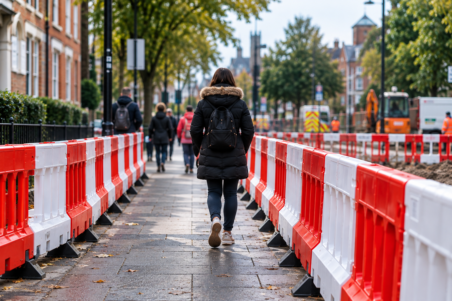 Pedestrian barriers creating a defined pedestrian route